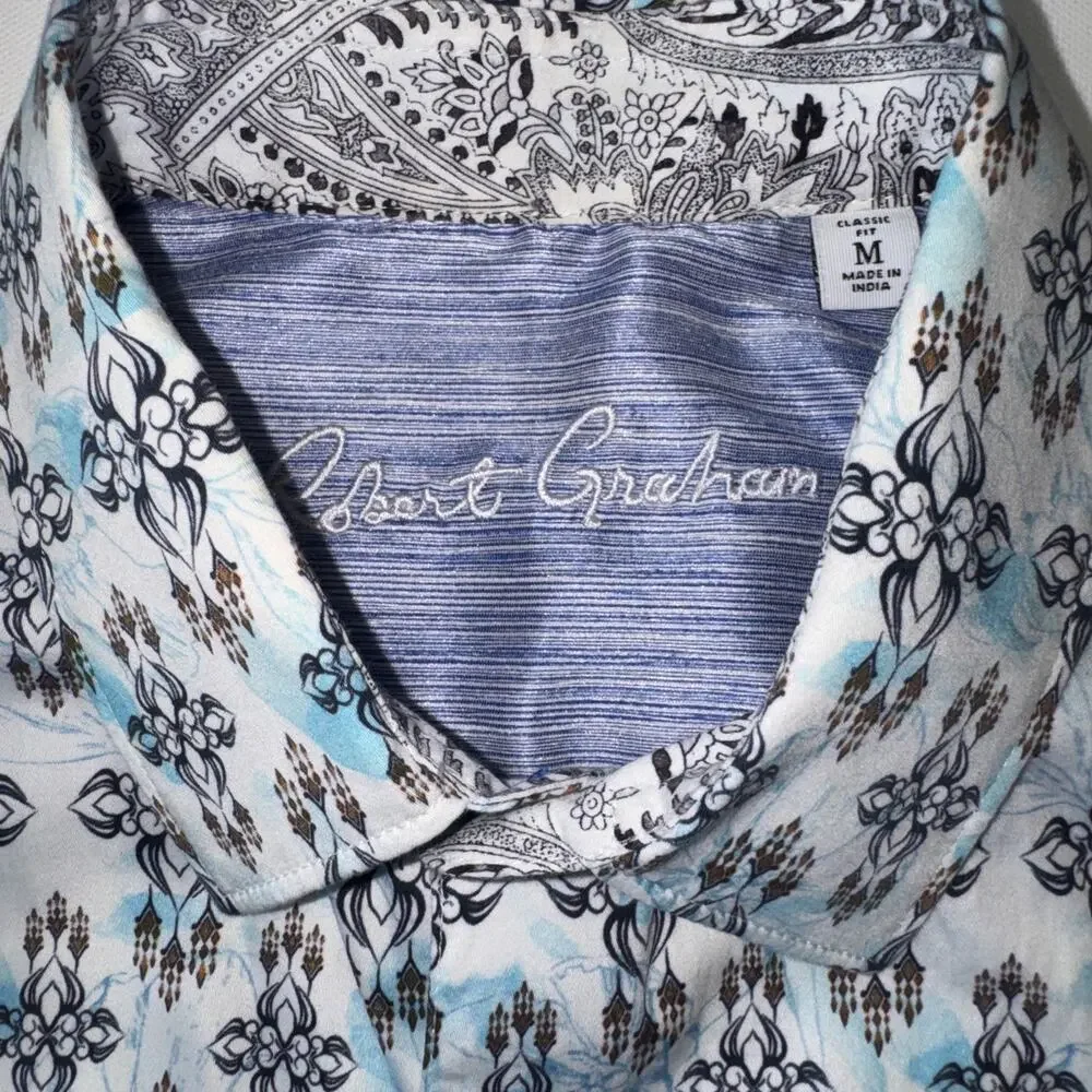 Robert Graham Mens Shirt Medium Teal Pattern Button‎ Front Flip Cuff